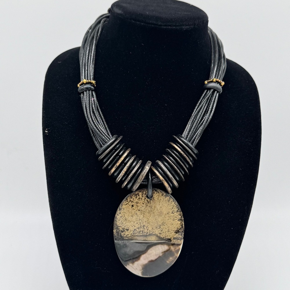 Vtg Modernist Multi Strand Cord Bib Necklace Gold Leaf Glazed Ceramic Disc Penda
